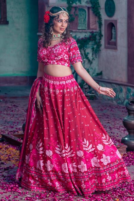 Show Shaa_Maroon Satin, Tissue, Crepe Sequins, Cut Work, Floral Print Lehenga Set _Online_at_Aza_Fashions