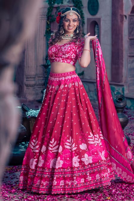 Shop_Show Shaa_Maroon Satin, Tissue, Crepe Sequins, Cut Work, Floral Print Lehenga Set _Online_at_Aza_Fashions