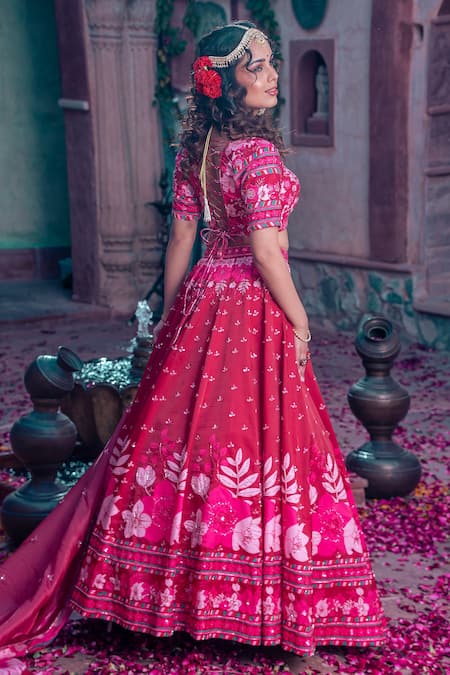 Show Shaa_Maroon Satin, Tissue, Crepe Sequins, Cut Work, Floral Print Lehenga Set _at_Aza_Fashions