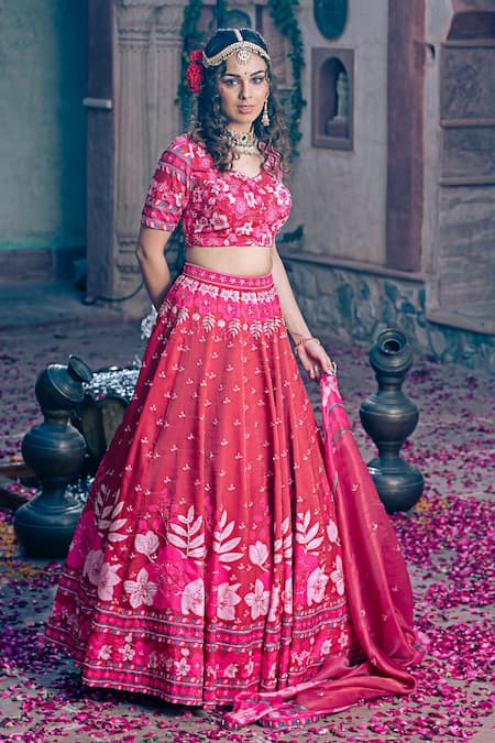Buy_Show Shaa_Maroon Satin, Tissue, Crepe Sequins, Cut Work, Floral Print Lehenga Set 