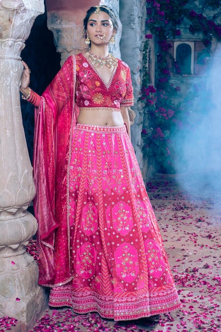 Show Shaa_Maroon Silk Satin, Silk, Crepe Sequins, Floral Print And Mirror Work Lehenga Set _Online_at_Aza_Fashions