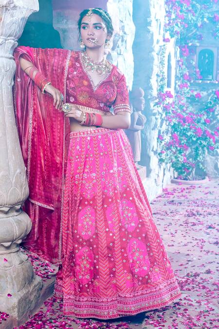 Hot Pink And Maroon Velvet Wedding Lehenga Choli -