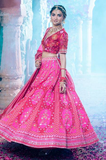 Shop_Show Shaa_Maroon Silk Satin, Silk, Crepe Sequins, Floral Print And Mirror Work Lehenga Set _Online_at_Aza_Fashions