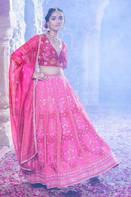 Show Shaa_Maroon Silk Satin, Silk, Crepe Sequins, Floral Print And Mirror Work Lehenga Set _at_Aza_Fashions