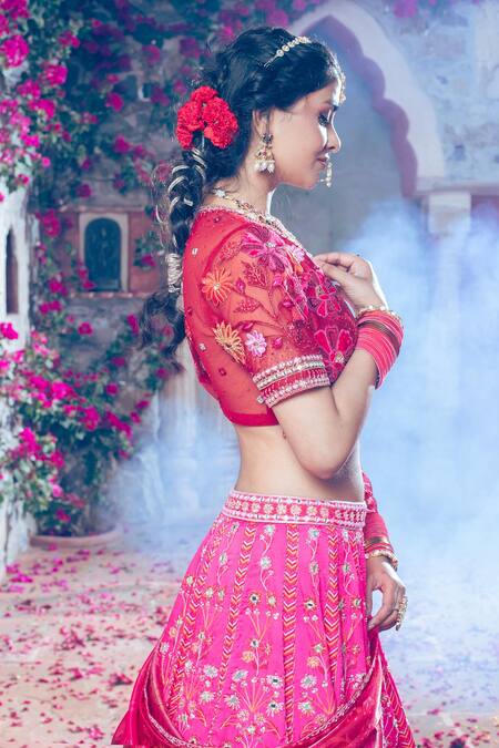 Shop_Show Shaa_Maroon Silk Satin, Silk, Crepe Sequins, Floral Print And Mirror Work Lehenga Set 