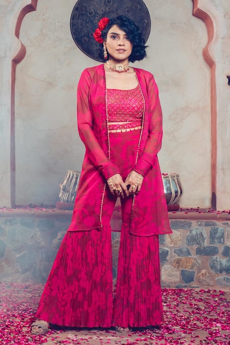 Show Shaa Maroon Satin, Georgette, Crepe Beads, Embroidery, Floral Print Cape Gharara Set Online at Aza Fashions Show Shaa_Maroon Satin, Georgette, Crepe Beads, Embroidery, Floral Print Cape Gharara Set _Online_at_Aza_Fashions