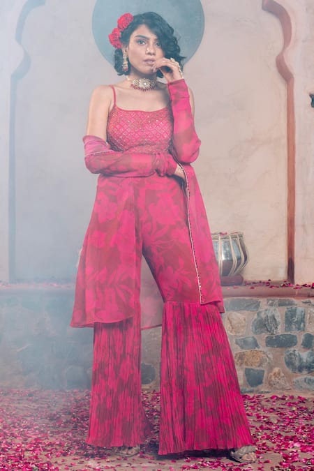 Buy Show Shaa Maroon Satin, Georgette, Crepe Beads, Embroidery, Floral Print Cape Gharara Set Online at Aza Fashions Buy_Show Shaa_Maroon Satin, Georgette, Crepe Beads, Embroidery, Floral Print Cape Gharara Set _Online_at_Aza_Fashions