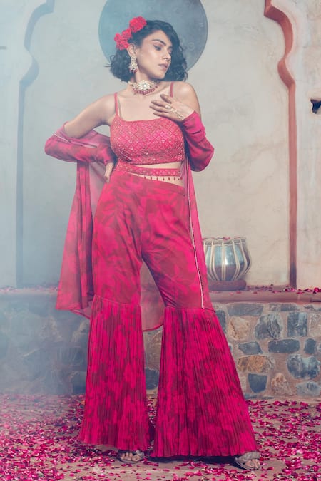 Shop Show Shaa Maroon Satin, Georgette, Crepe Beads, Embroidery, Floral Print Cape Gharara Set Online at Aza Fashions Shop_Show Shaa_Maroon Satin, Georgette, Crepe Beads, Embroidery, Floral Print Cape Gharara Set _Online_at_Aza_Fashions