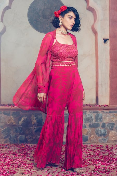 Show Shaa Maroon Satin, Georgette, Crepe Beads, Embroidery, Floral Print Cape Gharara Set at Aza Fashions Show Shaa_Maroon Satin, Georgette, Crepe Beads, Embroidery, Floral Print Cape Gharara Set _at_Aza_Fashions