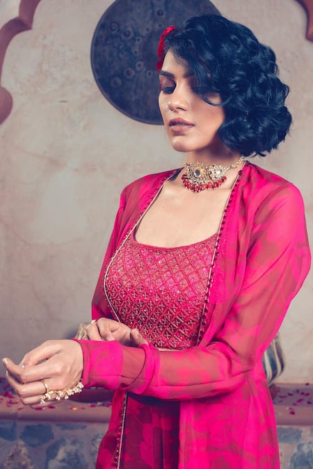 Buy Show Shaa Maroon Satin, Georgette, Crepe Beads, Embroidery, Floral Print Cape Gharara Set Buy_Show Shaa_Maroon Satin, Georgette, Crepe Beads, Embroidery, Floral Print Cape Gharara Set