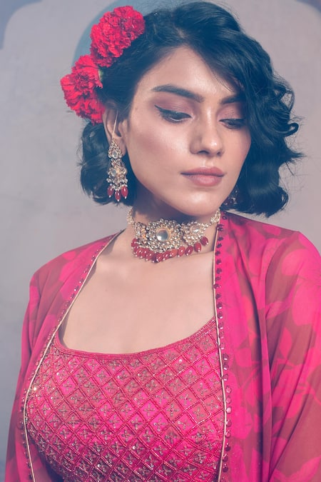 Shop Show Shaa Maroon Satin, Georgette, Crepe Beads, Embroidery, Floral Print Cape Gharara Set Shop_Show Shaa_Maroon Satin, Georgette, Crepe Beads, Embroidery, Floral Print Cape Gharara Set