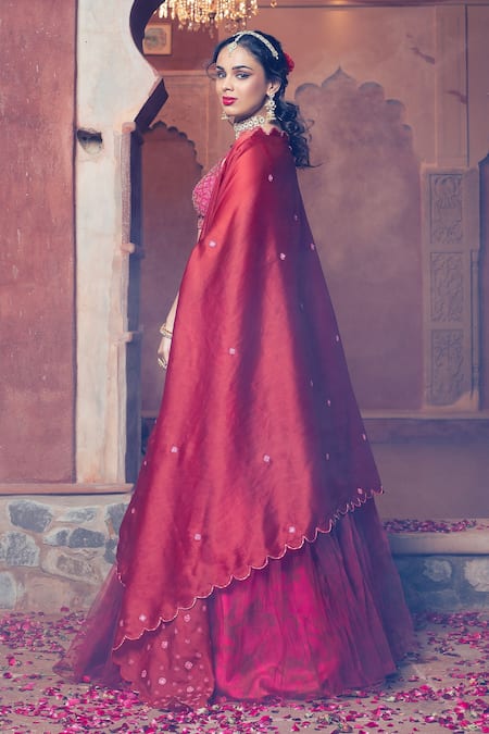 Show Shaa Maroon Satin, Net, Crepe Sequins, Beads Scoop Scallop Border Cape Lehenga Set Online at Aza Fashions Show Shaa_Maroon Satin, Net, Crepe Sequins, Beads Scoop Scallop Border Cape Lehenga Set _Online_at_Aza_Fashions