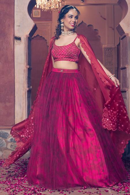 Buy Show Shaa Maroon Satin, Net, Crepe Sequins, Beads Scoop Scallop Border Cape Lehenga Set Online at Aza Fashions Buy_Show Shaa_Maroon Satin, Net, Crepe Sequins, Beads Scoop Scallop Border Cape Lehenga Set _Online_at_Aza_Fashions