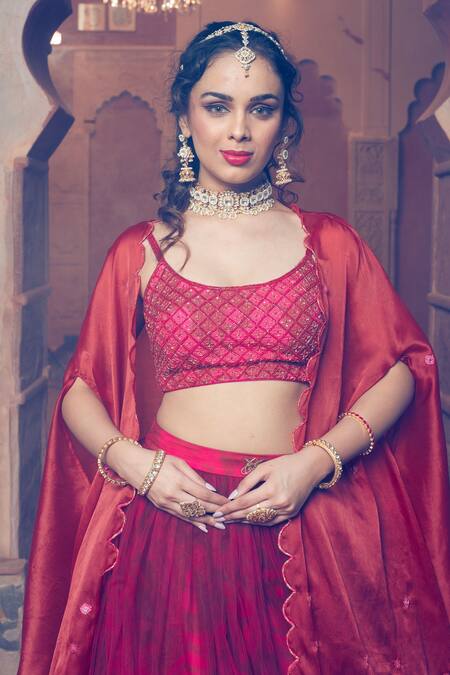 Shop Show Shaa Maroon Satin, Net, Crepe Sequins, Beads Scoop Scallop Border Cape Lehenga Set Online at Aza Fashions Shop_Show Shaa_Maroon Satin, Net, Crepe Sequins, Beads Scoop Scallop Border Cape Lehenga Set _Online_at_Aza_Fashions