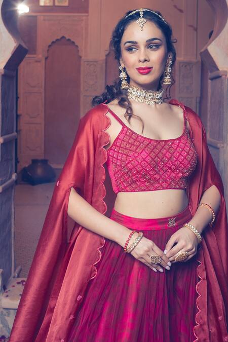 Buy Show Shaa Maroon Satin, Net, Crepe Sequins, Beads Scoop Scallop Border Cape Lehenga Set Buy_Show Shaa_Maroon Satin, Net, Crepe Sequins, Beads Scoop Scallop Border Cape Lehenga Set