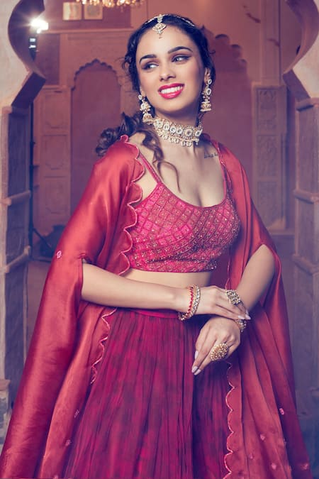Shop Show Shaa Maroon Satin, Net, Crepe Sequins, Beads Scoop Scallop Border Cape Lehenga Set Shop_Show Shaa_Maroon Satin, Net, Crepe Sequins, Beads Scoop Scallop Border Cape Lehenga Set