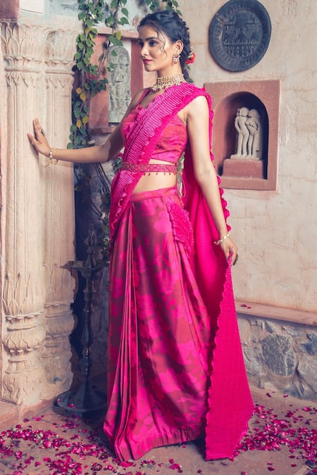 Show Shaa Maroon Satin, Crepe Cut Work, Sequins, Printed Pre-draped Saree With Blouse Online at Aza Fashions Show Shaa_Maroon Satin, Crepe Cut Work, Sequins, Printed Pre-draped Saree With Blouse _Online_at_Aza_Fashions
