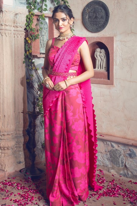 Buy Show Shaa Maroon Satin, Crepe Cut Work, Sequins, Printed Pre-draped Saree With Blouse Online at Aza Fashions Buy_Show Shaa_Maroon Satin, Crepe Cut Work, Sequins, Printed Pre-draped Saree With Blouse _Online_at_Aza_Fashions