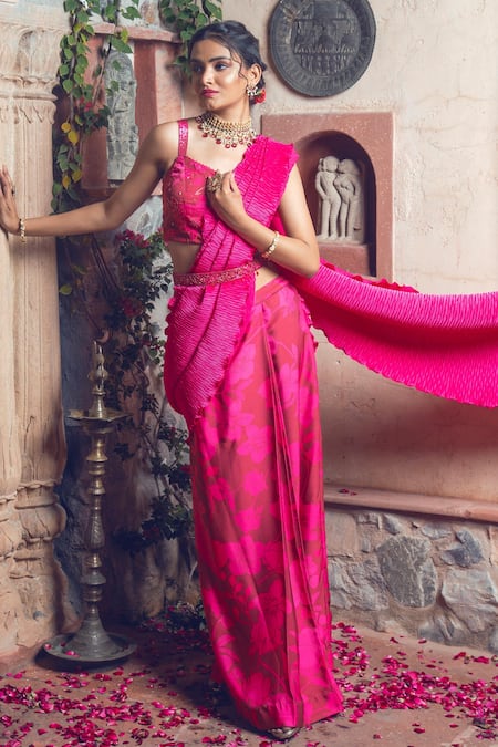 Shop Show Shaa Maroon Satin, Crepe Cut Work, Sequins, Printed Pre-draped Saree With Blouse Online at Aza Fashions Shop_Show Shaa_Maroon Satin, Crepe Cut Work, Sequins, Printed Pre-draped Saree With Blouse _Online_at_Aza_Fashions