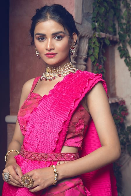 Show Shaa Maroon Satin, Crepe Cut Work, Sequins, Printed Pre-draped Saree With Blouse at Aza Fashions Show Shaa_Maroon Satin, Crepe Cut Work, Sequins, Printed Pre-draped Saree With Blouse _at_Aza_Fashions