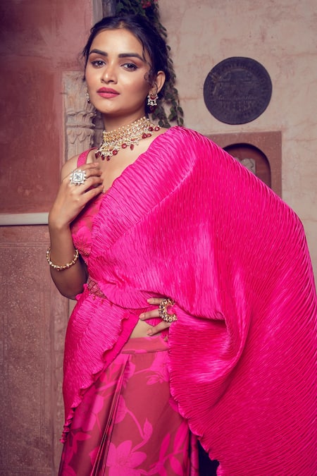 Buy Show Shaa Maroon Satin, Crepe Cut Work, Sequins, Printed Pre-draped Saree With Blouse Buy_Show Shaa_Maroon Satin, Crepe Cut Work, Sequins, Printed Pre-draped Saree With Blouse