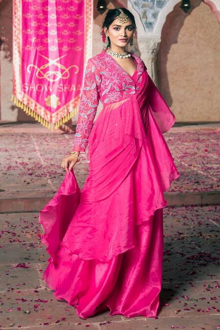 Buy_Show Shaa_Pink Organza, Chiffon, Net, Silk, Satin Pre-draped Saree With Peplum Jacket _Online_at_Aza_Fashions