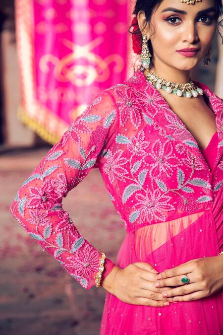 Show Shaa_Pink Organza, Chiffon, Net, Silk, Satin Pre-draped Saree With Peplum Jacket _at_Aza_Fashions