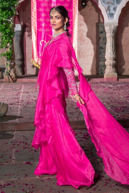 Buy_Show Shaa_Pink Organza, Chiffon, Net, Silk, Satin Pre-draped Saree With Peplum Jacket 
