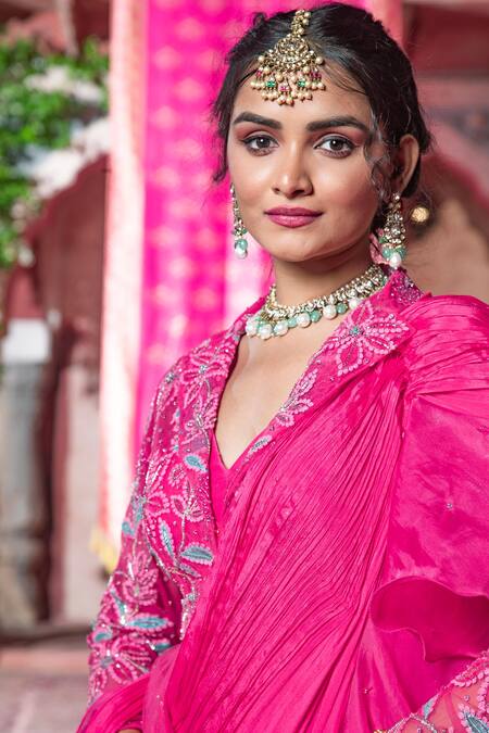 Shop_Show Shaa_Pink Organza, Chiffon, Net, Silk, Satin Pre-draped Saree With Peplum Jacket 