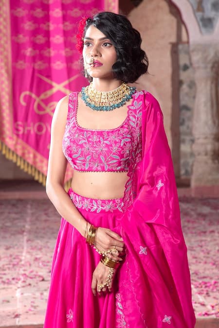 Show Shaa Pink Chanderi, Organza, Crepe Sequins, Cut Work, Floral Placement Lehenga Set Online at Aza Fashions Show Shaa_Pink Chanderi, Organza, Crepe Sequins, Cut Work, Floral Placement Lehenga Set _Online_at_Aza_Fashions