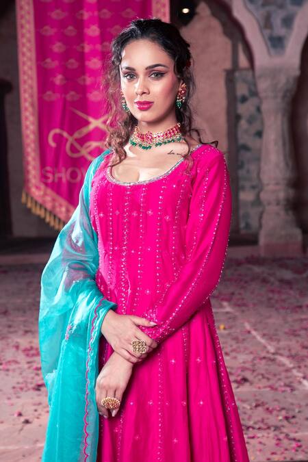 Buy Show Shaa Pink Chanderi, Organza, Crepe Sequins, Embroidery Round Anarkali With Dupatta Online at Aza Fashions Buy_Show Shaa_Pink Chanderi, Organza, Crepe Sequins, Embroidery Round Anarkali With Dupatta _Online_at_Aza_Fashions