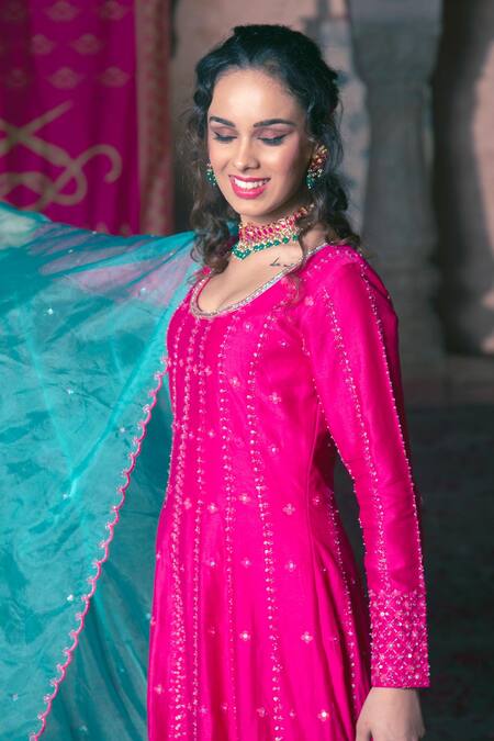 Shop Show Shaa Pink Chanderi, Organza, Crepe Sequins, Embroidery Round Anarkali With Dupatta Online at Aza Fashions Shop_Show Shaa_Pink Chanderi, Organza, Crepe Sequins, Embroidery Round Anarkali With Dupatta _Online_at_Aza_Fashions