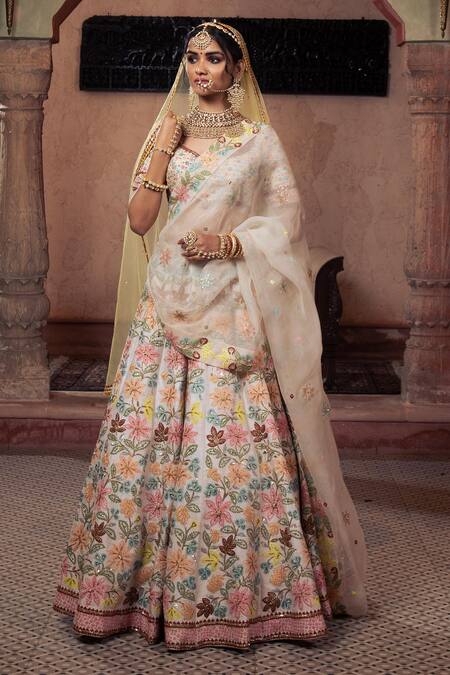 Show Shaa Ivory Silk, Organza, Rayon Sequins, Embroidery Boat Floral Bridal Lehenga Set Online at Aza Fashions Show Shaa_Ivory Silk, Organza, Rayon Sequins, Embroidery Boat Floral Bridal Lehenga Set _Online_at_Aza_Fashions