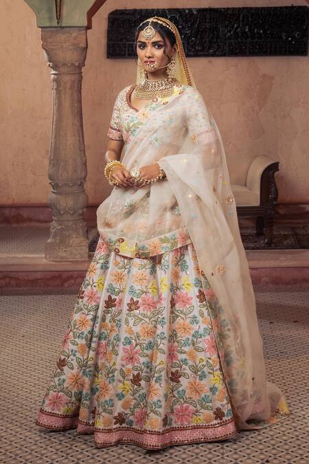 Buy Show Shaa Ivory Silk, Organza, Rayon Sequins, Embroidery Boat Floral Bridal Lehenga Set Buy_Show Shaa_Ivory Silk, Organza, Rayon Sequins, Embroidery Boat Floral Bridal Lehenga Set