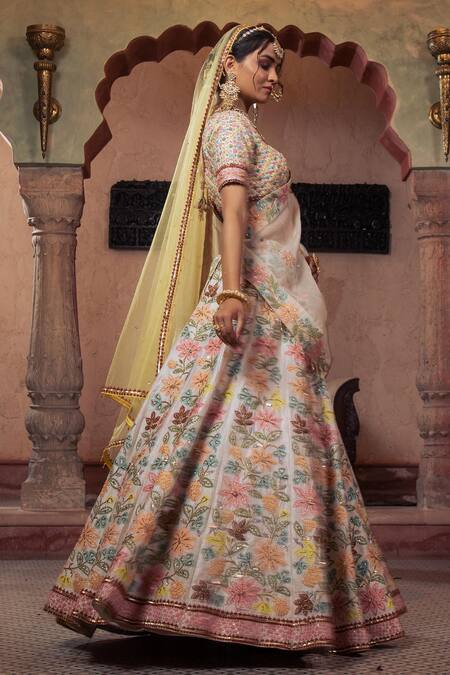 Shop Show Shaa Ivory Silk, Organza, Rayon Sequins, Embroidery Boat Floral Bridal Lehenga Set Shop_Show Shaa_Ivory Silk, Organza, Rayon Sequins, Embroidery Boat Floral Bridal Lehenga Set