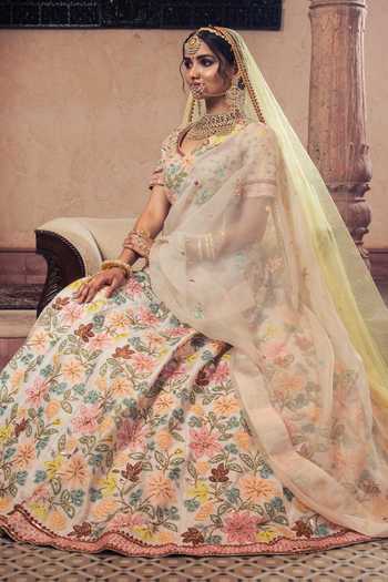 Show Shaa Ivory Silk, Organza Embroidery, Sequins Boat Neck Floral Bridal Lehenga Set  9