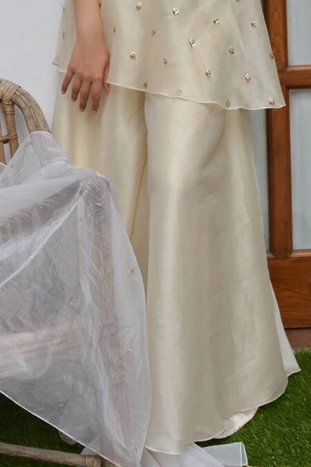 Shop_Parul Gandhi_White Shimmer Organza V Neck Embroidered Peplum Tunic Set _Online_at_Aza_Fashions