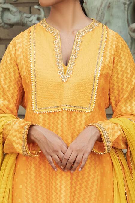 Shop_Nikasha_Yellow Cotton Silk, Handwoven Banarasi Notched Kurta Set _Online_at_Aza_Fashions