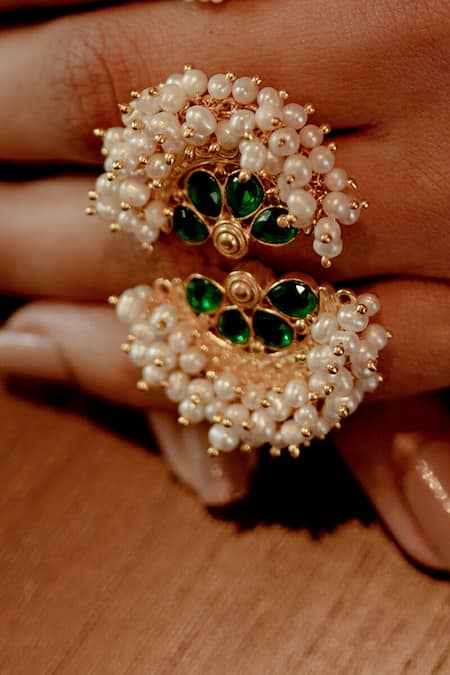 Shop Zariin Gold Plated Pearl Beads And Cubic Zirconia Gul-mohar Ring at Aza Fashions Shop_Zariin_Gold Plated Pearl Beads And Cubic Zirconia Gul-mohar Ring _at_Aza_Fashions