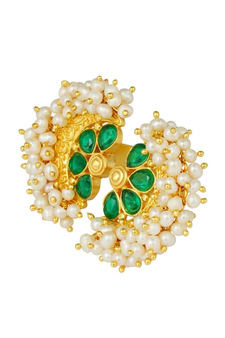 Zariin Gold Plated Pearl Beads And Cubic Zirconia Gul-mohar Ring at Aza Fashions Zariin_Gold Plated Pearl Beads And Cubic Zirconia Gul-mohar Ring _at_Aza_Fashions