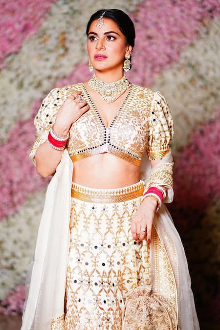 Buy_Gopi Vaid_White Dupatta - Organza, Lehenga And Blouse -tussar Floral Embroidered Bridal Set _Online_at_Aza_Fashions