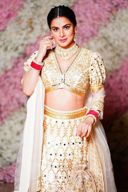 Shop_Gopi Vaid_White Dupatta - Organza, Lehenga And Blouse -tussar Floral Embroidered Bridal Set _Online_at_Aza_Fashions