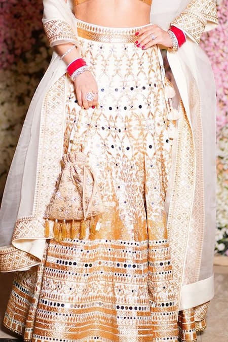 Gopi Vaid_White Dupatta - Organza, Lehenga And Blouse -tussar Floral Embroidered Bridal Set _at_Aza_Fashions