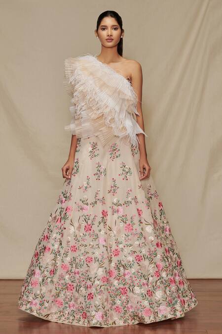 SHRIYA SOM Floral Embroidered Skirt & Pleated Top Set 
