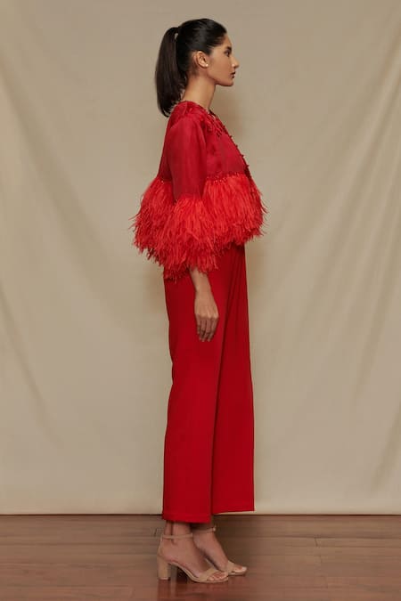 Shriya Som_Red Organza, Crepe Floral Motifs Round Jumpsuit With Feather Capelet_Online_at_Aza_Fashions