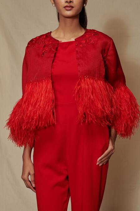 Shop_Shriya Som_Red Organza, Crepe Floral Motifs Round Jumpsuit With Feather Capelet_Online_at_Aza_Fashions