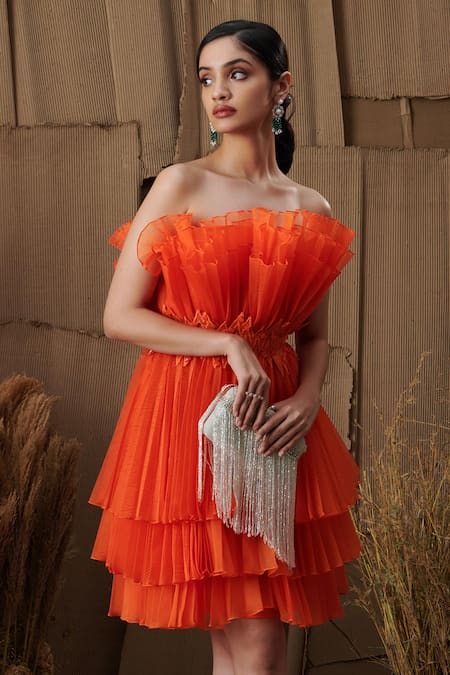 Shriya Som - Orange Bandeau Ruffle Dress For Women