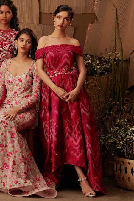 Shriya Som Pink Silk One Shoulder Ikat Print Gown
