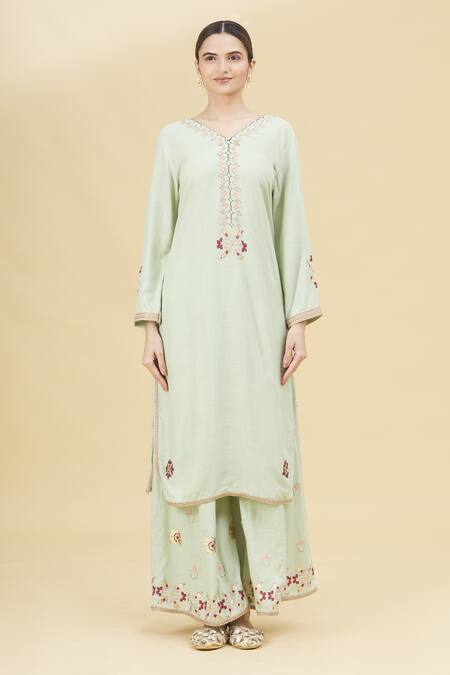 Samyukta Singhania_Green Imported Woven Rayon Flax Hand Block Print Kurta Set_Online_at_Aza_Fashions