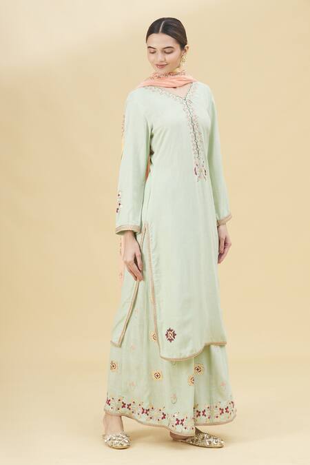 Buy_Samyukta Singhania_Green Imported Woven Rayon Flax Hand Block Print Kurta Set_Online_at_Aza_Fashions